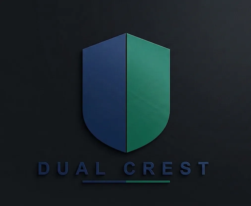 Dual Crest split-shield emblem in navy and teal, rendered on a dark wall