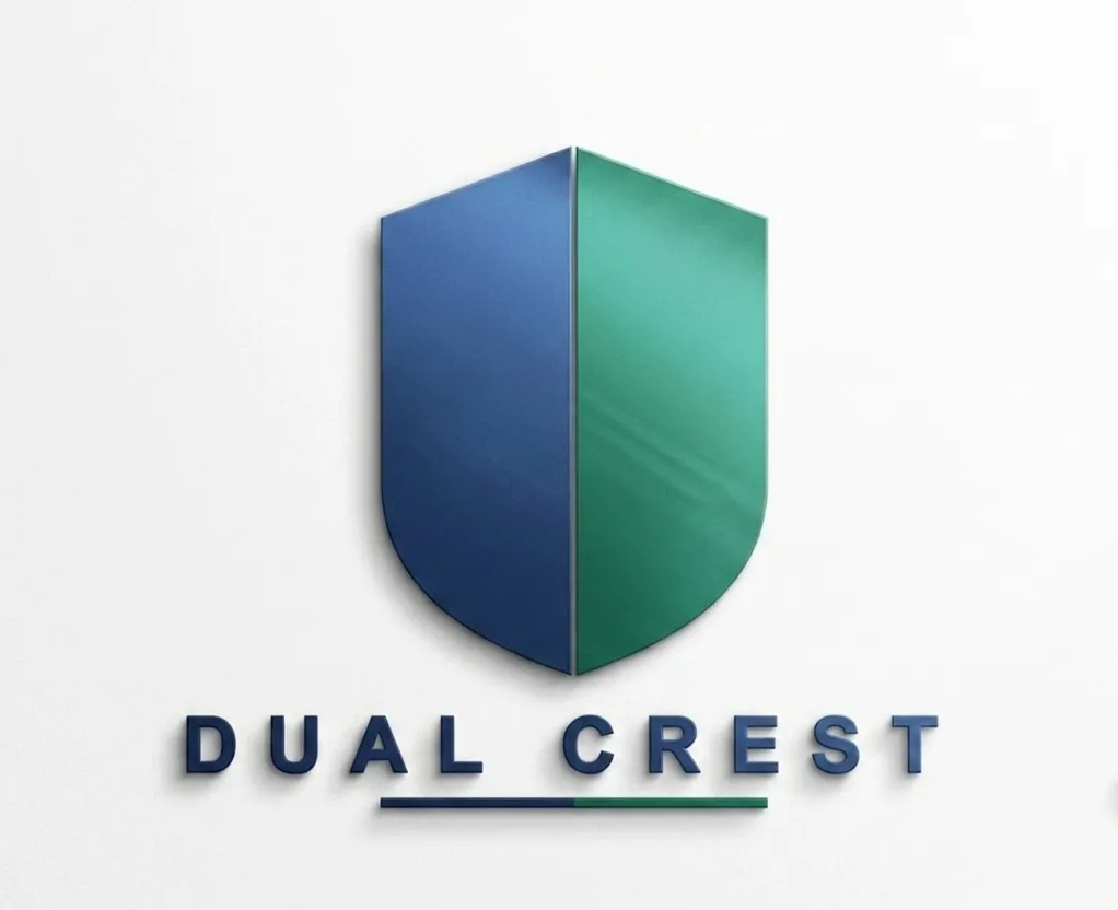 Dual Crest split-shield emblem in navy and teal, rendered on a bright wall